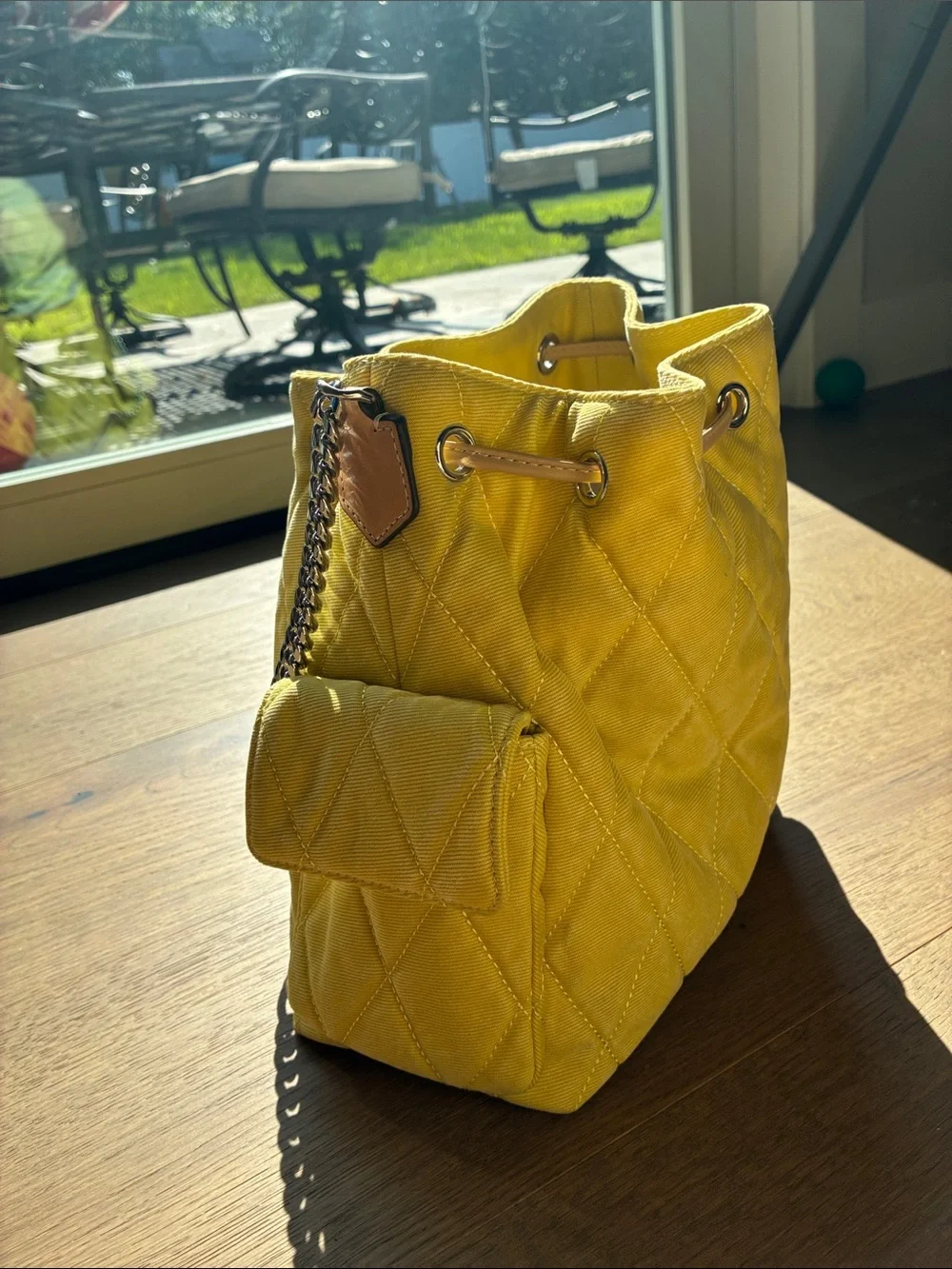 Tory Burch Charlie Yellow Quilted Denim Bag